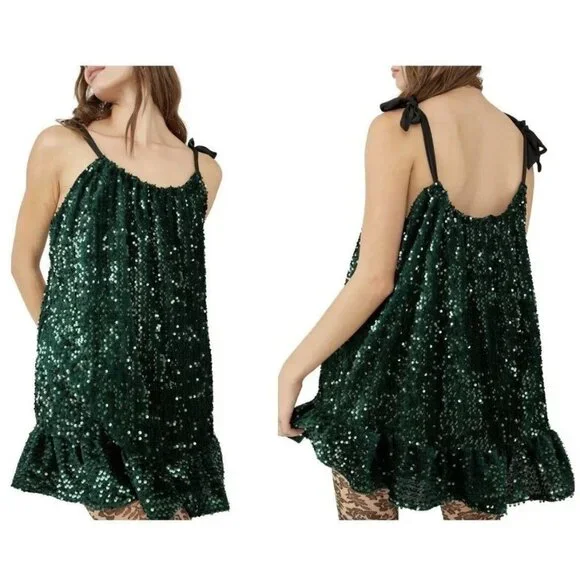 Free People Nova Convertible Sequin Mini Dress Emerald Green Sparkle Size XS